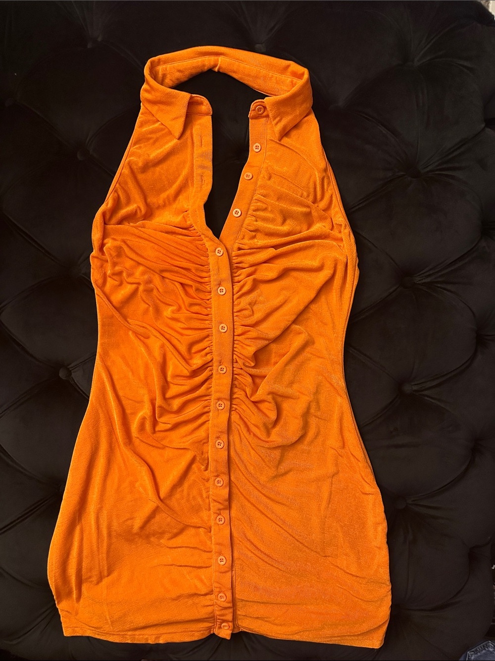 SHEIN Orange Halter Ruched Button-Front Mini Dress